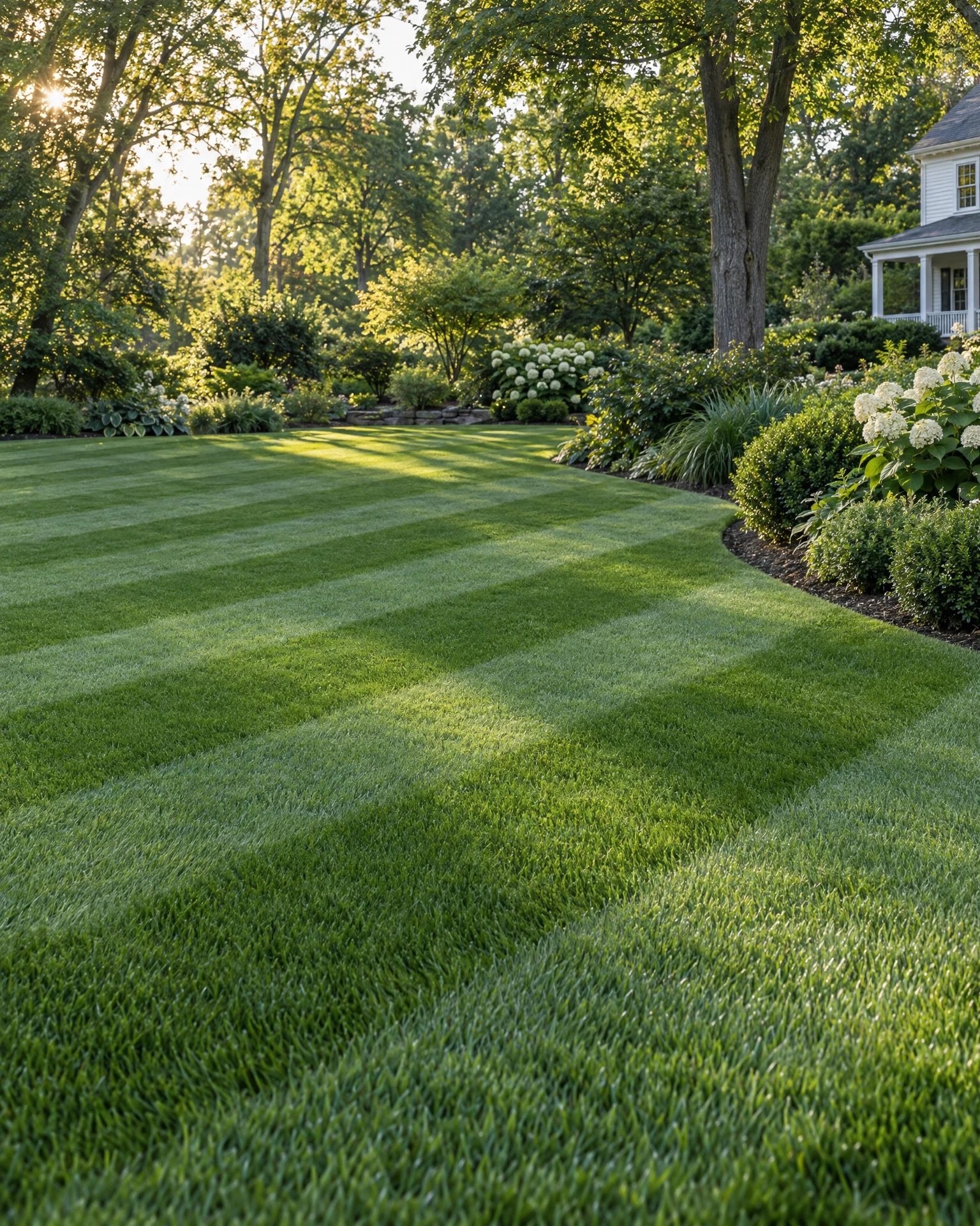 Lush striped lawn bordered by mature trees and thoughtfully maintained garden beds